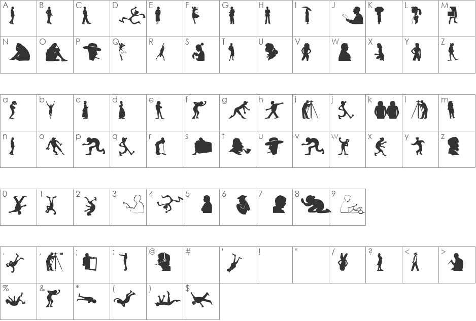 SilhouFaces font character map preview