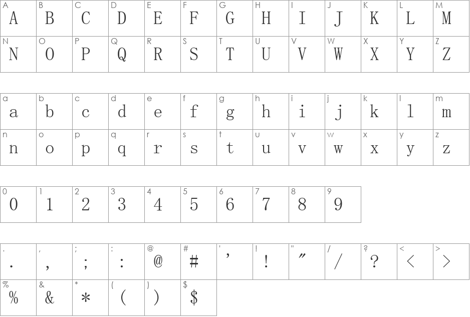 SimSun font character map preview