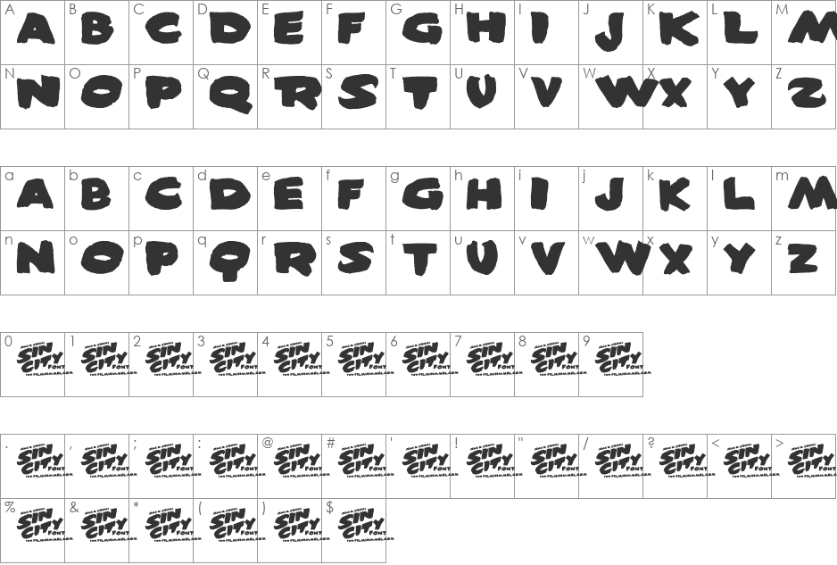 Sin City font character map preview