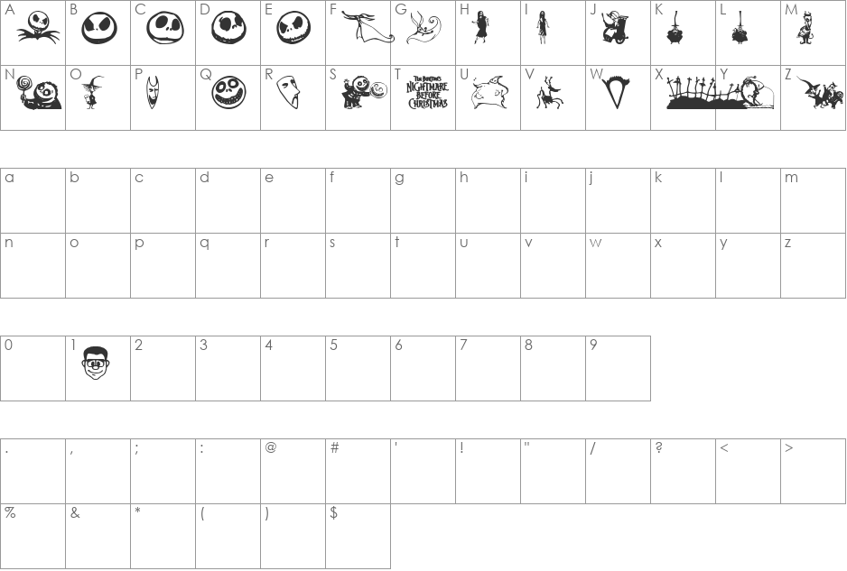 SKELLING TONBATS font character map preview