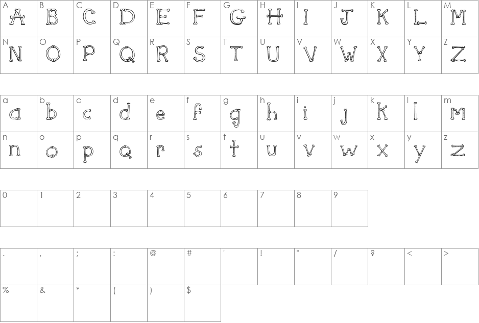 SketchBones font character map preview