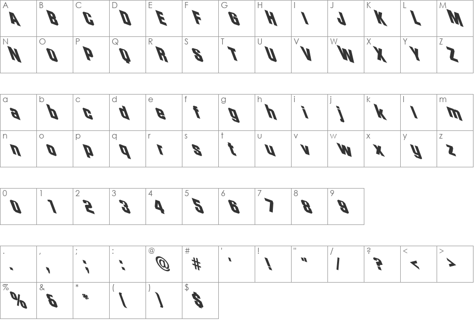 Skewed SF font character map preview