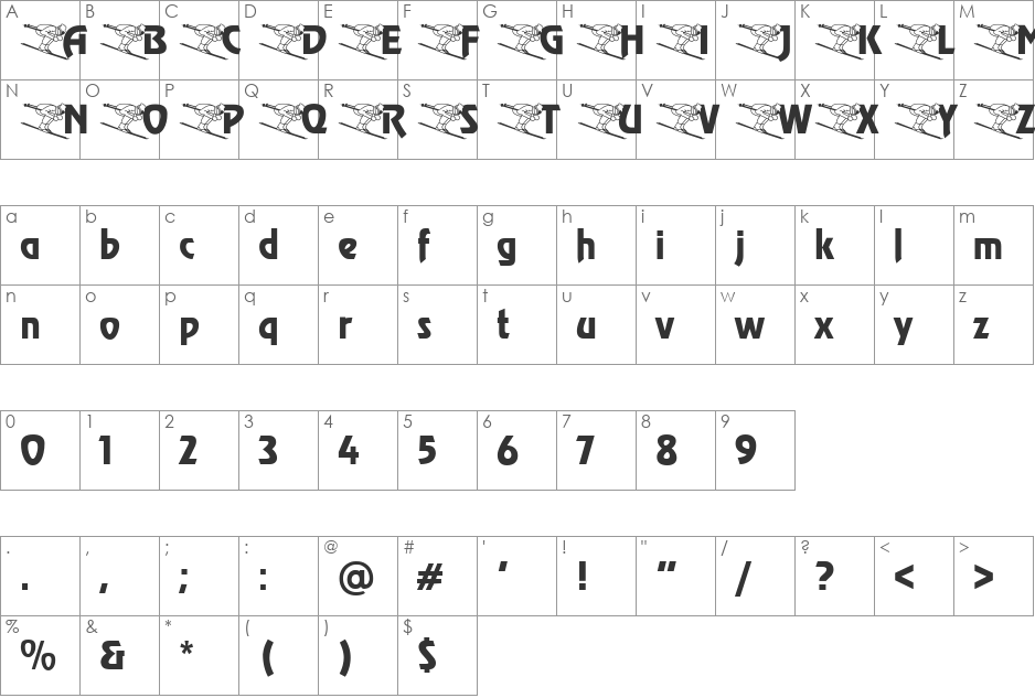 Skiing Becker font character map preview
