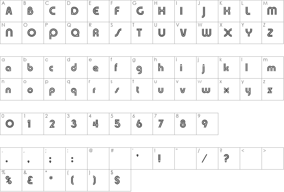 Skinny font character map preview