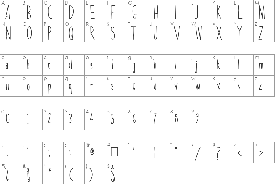 SkinnyChick font character map preview