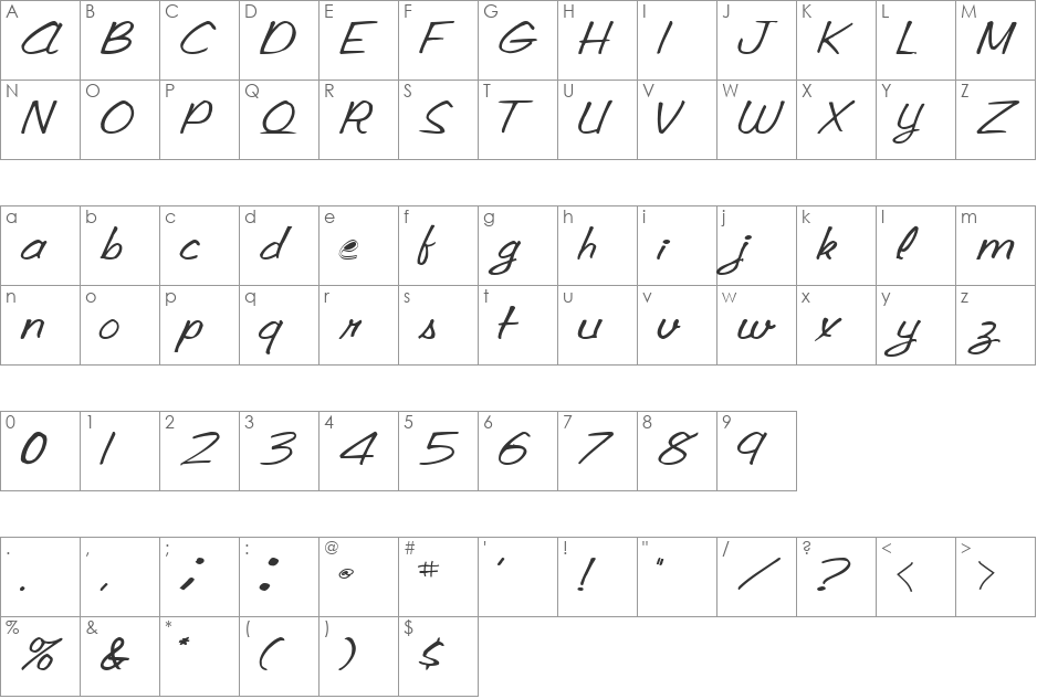 SkinTightReal74 font character map preview