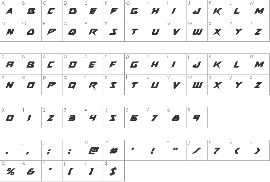 Skirmisher Italic font character map preview