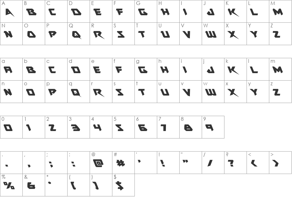 Skirmisher Leftalic font character map preview