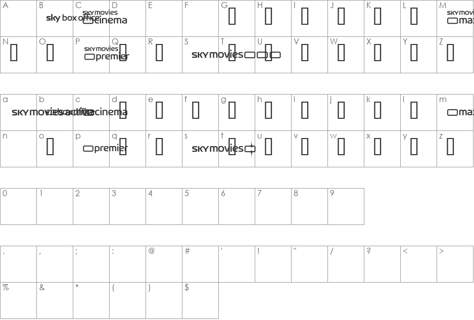 SKYfontmovies font character map preview