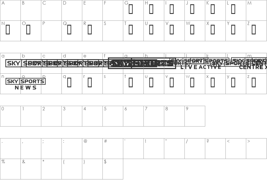SKYfontsport font character map preview