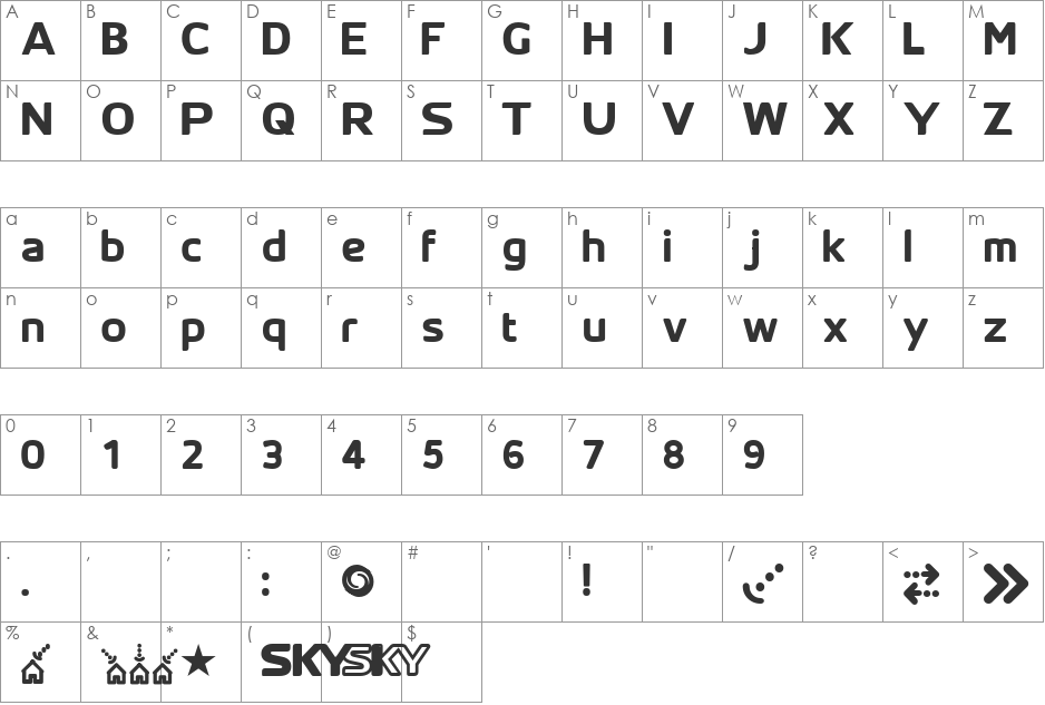 SKYfontThick font character map preview