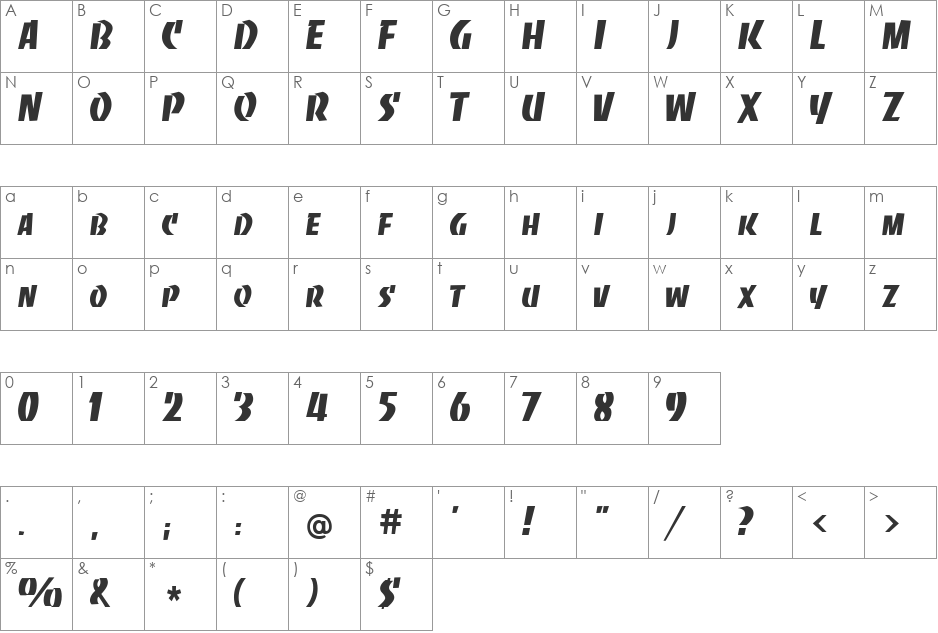 Slabye Becker font character map preview
