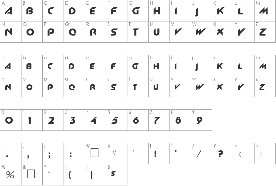 Slant font character map preview