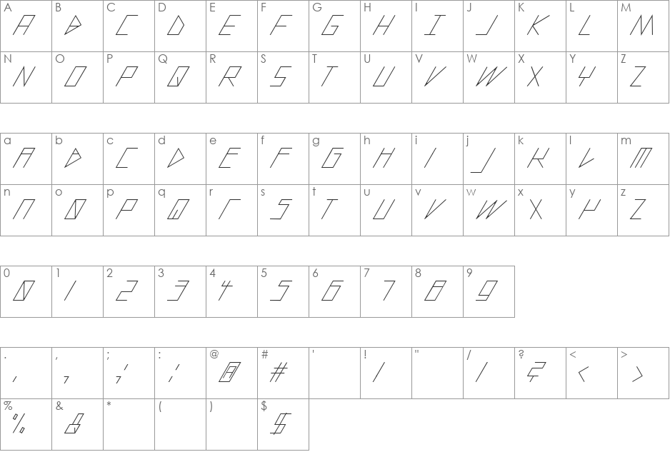 slanted ITALIC shift font character map preview