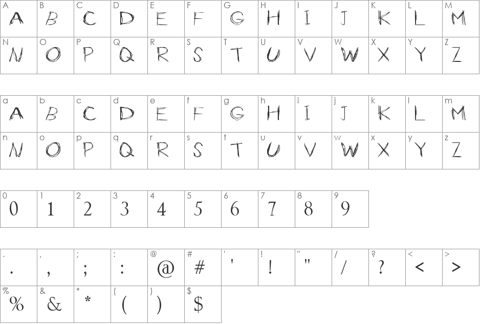 Slender font character map preview
