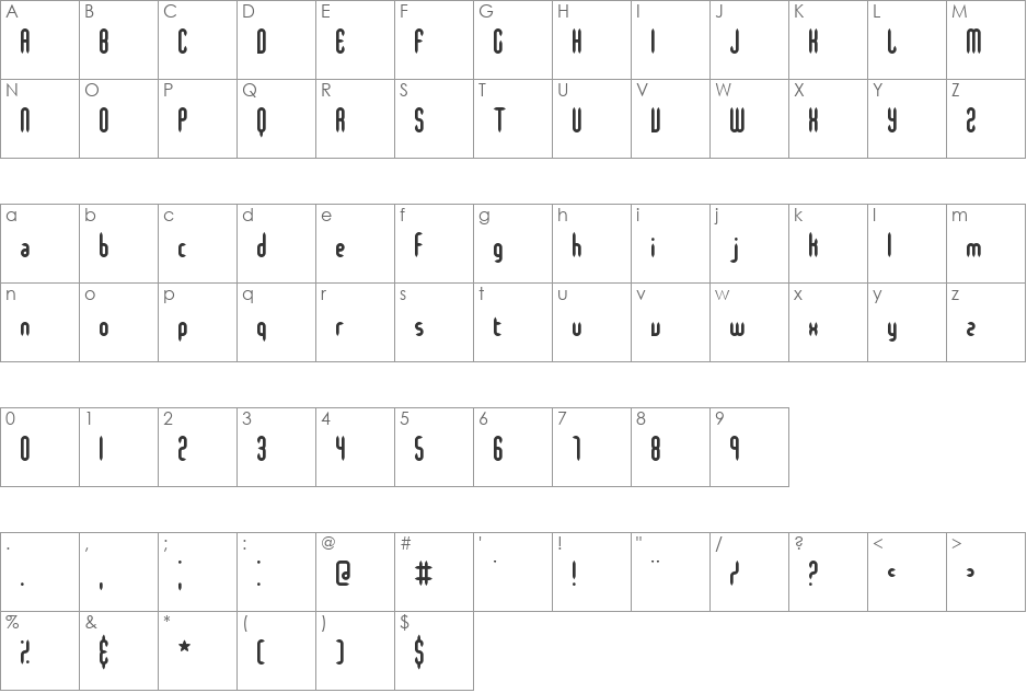 Slender Mini BRK font character map preview