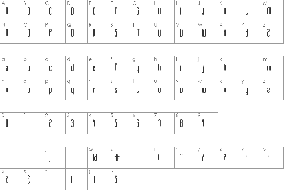 Slender Wide BRK font character map preview