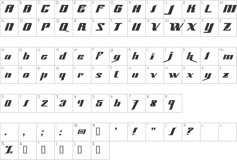 Slick69 font character map preview
