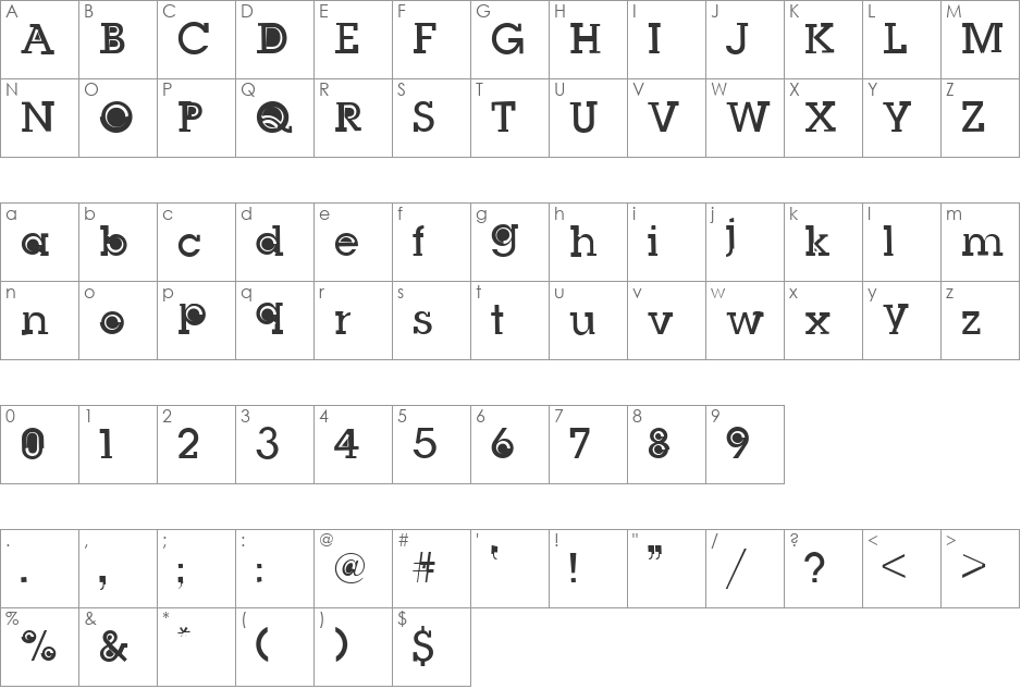 Slug Bug font character map preview