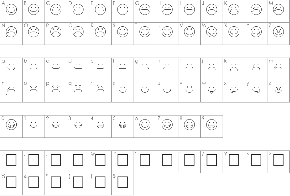 Smiley font character map preview