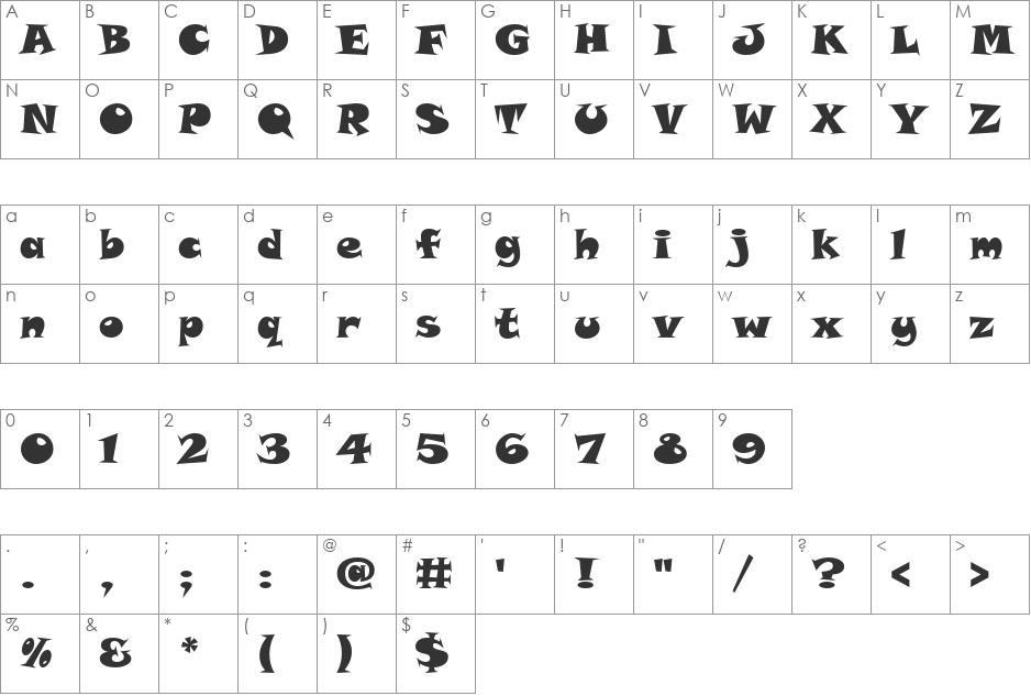Snap ITC font character map preview