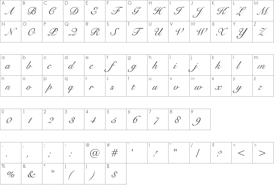 Snell font character map preview