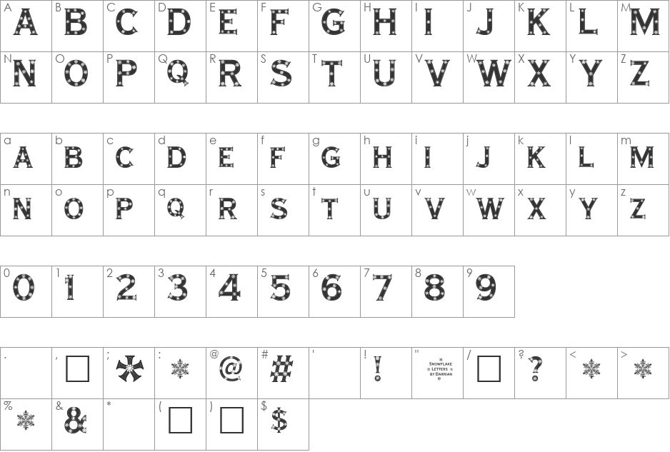 Snowflake Letters font character map preview