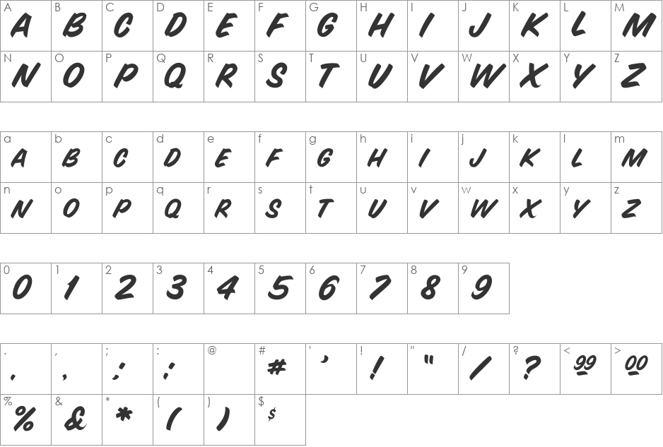 Snyder Speed Brush font character map preview