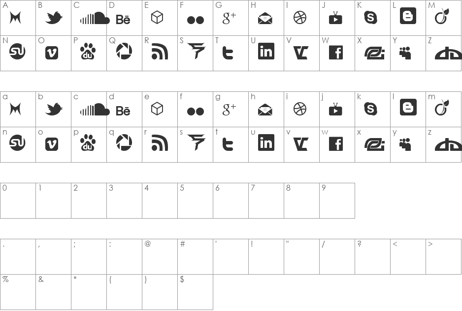 Social Icon by BRIANQC font character map preview