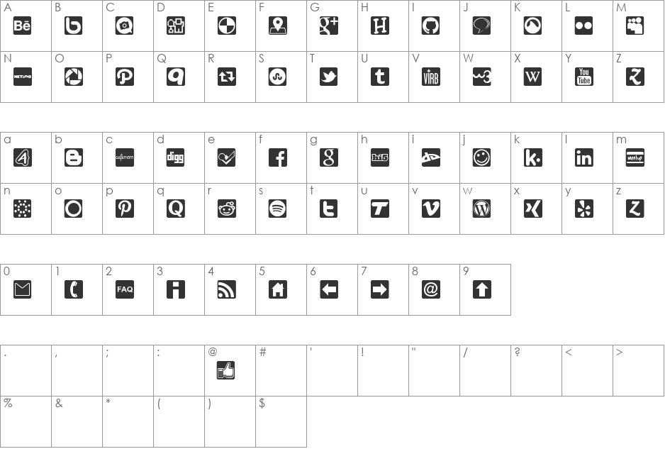 Social Icons Pro Set 1 - Rounded font character map preview
