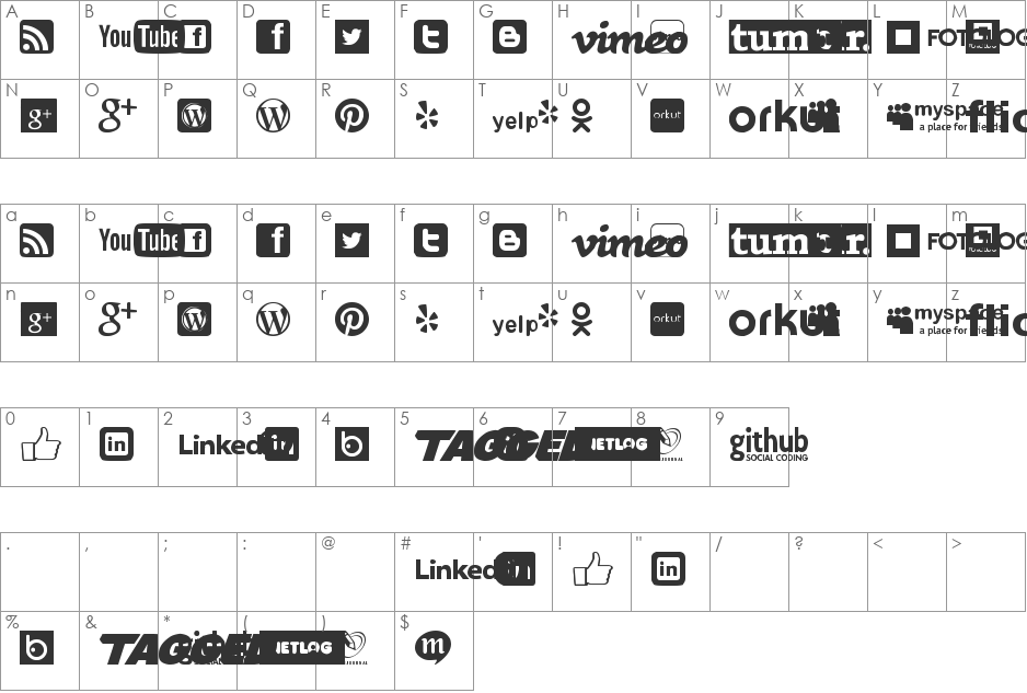 Social logos tfb font character map preview