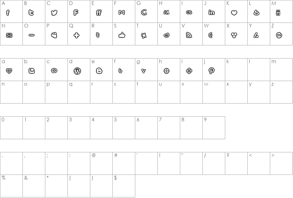 Social Media Icons font character map preview