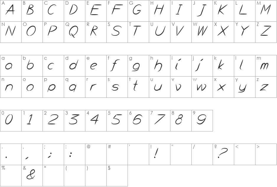 Bayou font character map preview