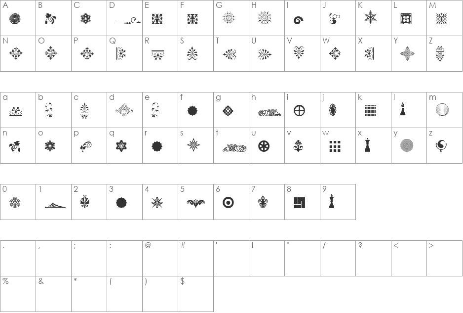 Soft Ornaments Twenty font character map preview