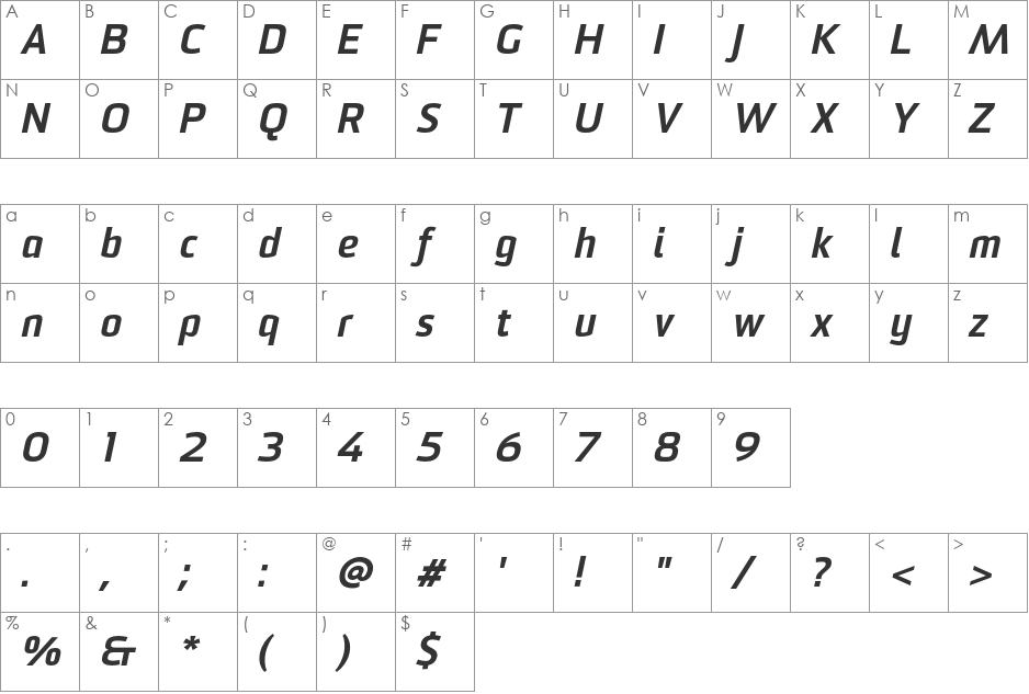 Sommet Black Italic font character map preview