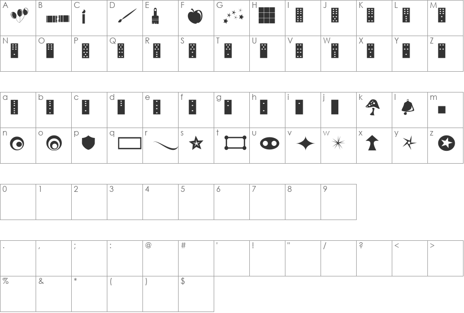 Sookies' Dings 1 font character map preview