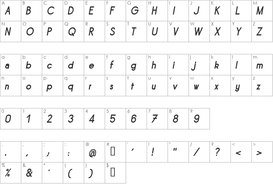 Sornette font character map preview
