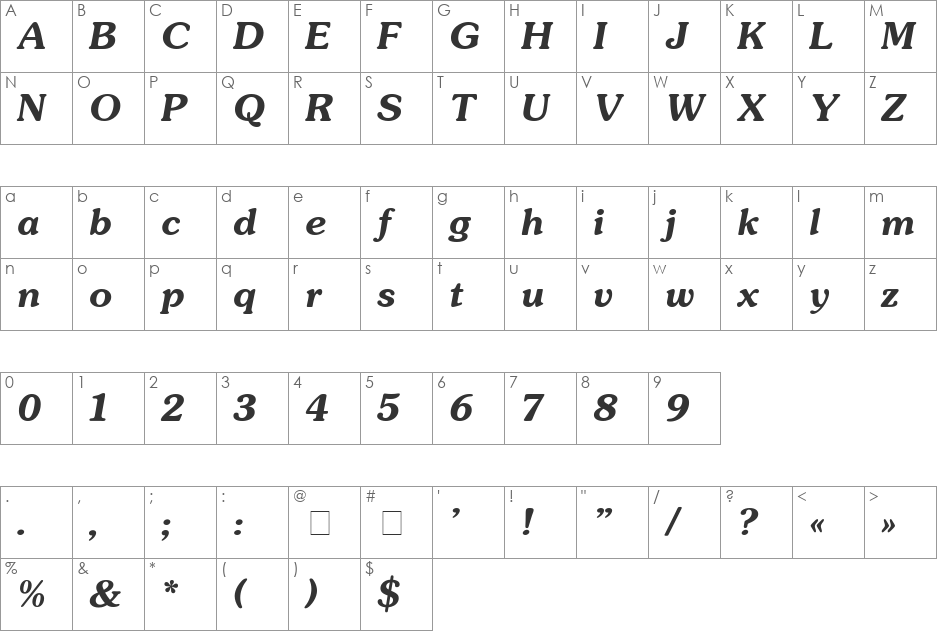 Souvenir-BoldItalic font character map preview