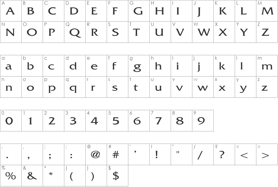 BD Quattra font character map preview