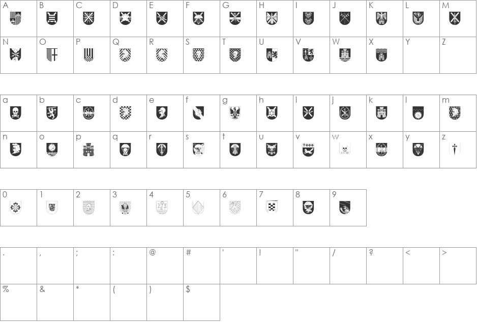Spanish Army Shields font character map preview