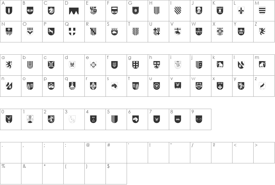 Spanish Army Shields Two font character map preview