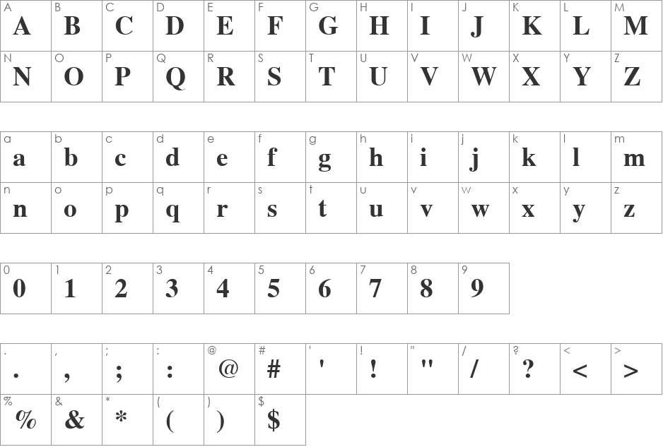 SPGrigolia MT font character map preview