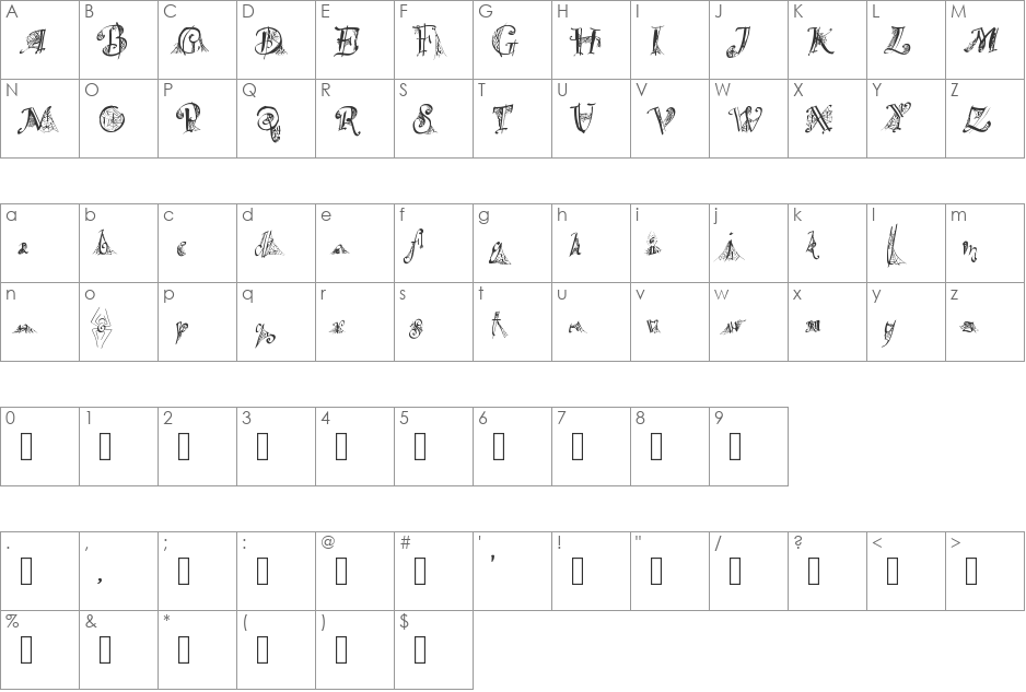 SpiderWritten font character map preview