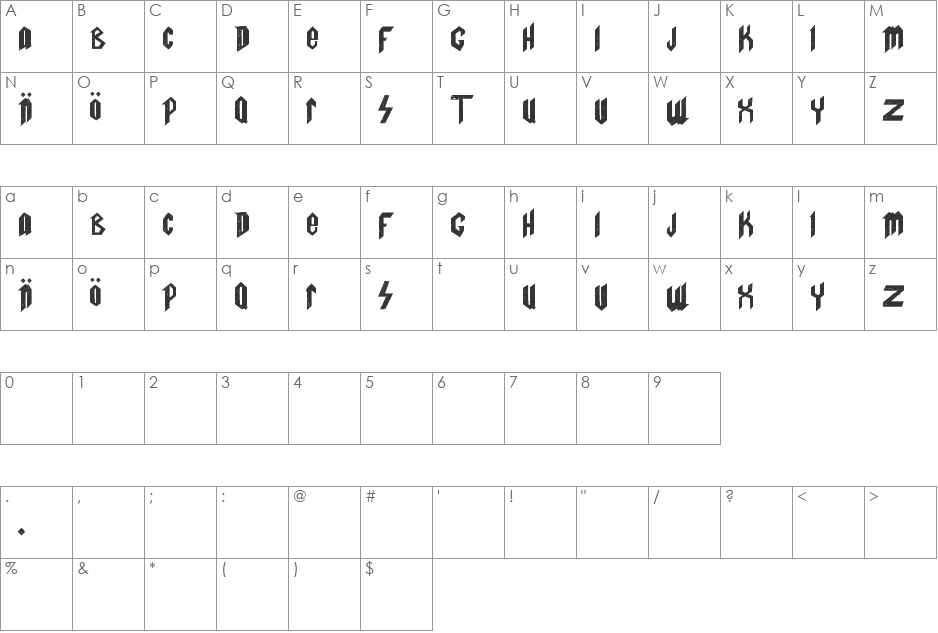 Spinal T. FanBoy font character map preview