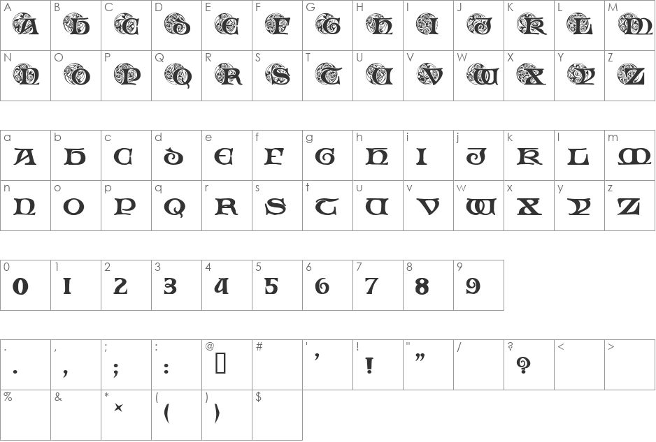 Spiral Initials font character map preview