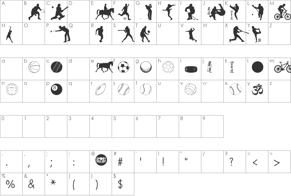 SPORT RELIEF font character map preview