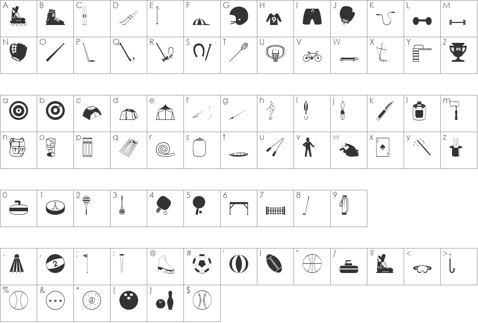 Sports and Hobbies font character map preview