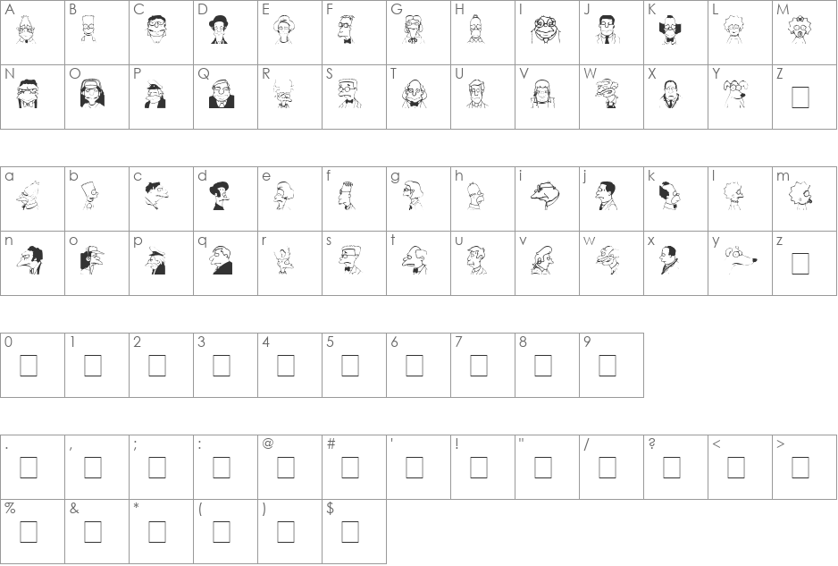 Springfield-MugShots font character map preview