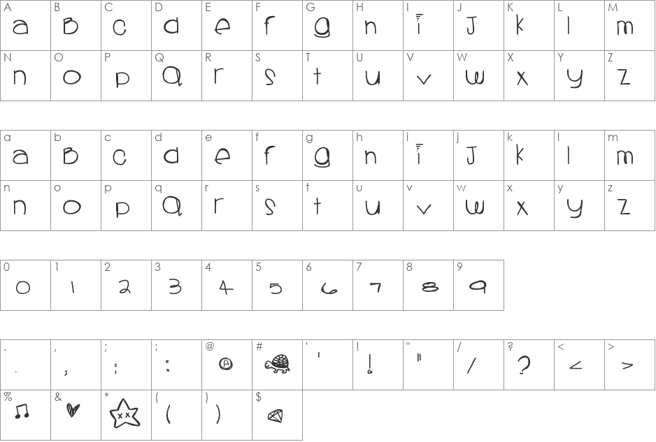 Sprinklescolors font character map preview