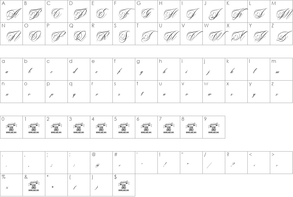 Beaked Tyrant Personal Use font character map preview